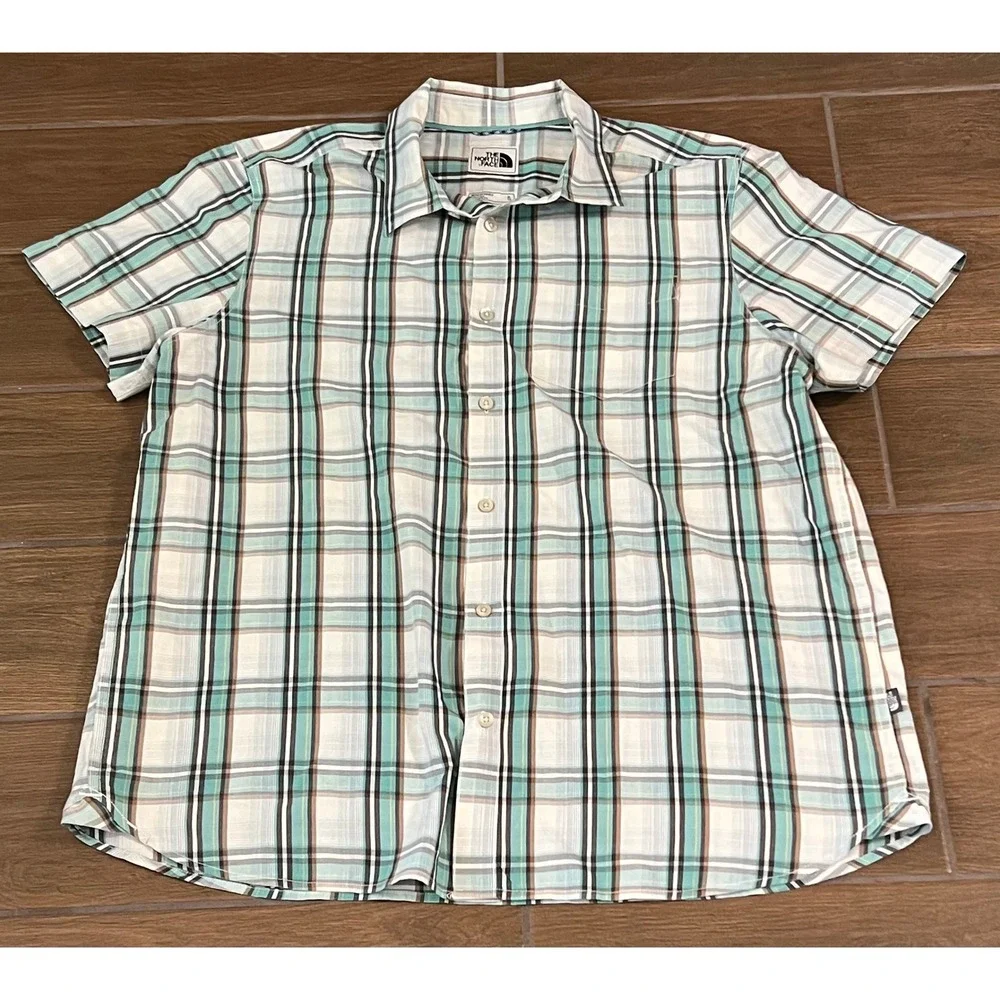 The North Face Mens XL Short Sleeve Plaid Button Down Shirt Teal White Brown